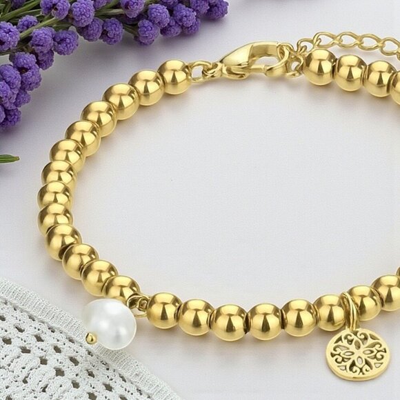 Boho Chic Mandala Pearl Charm Bracelet 18K Gold Plated 316L Stainless Steel - Picture 7 of 10